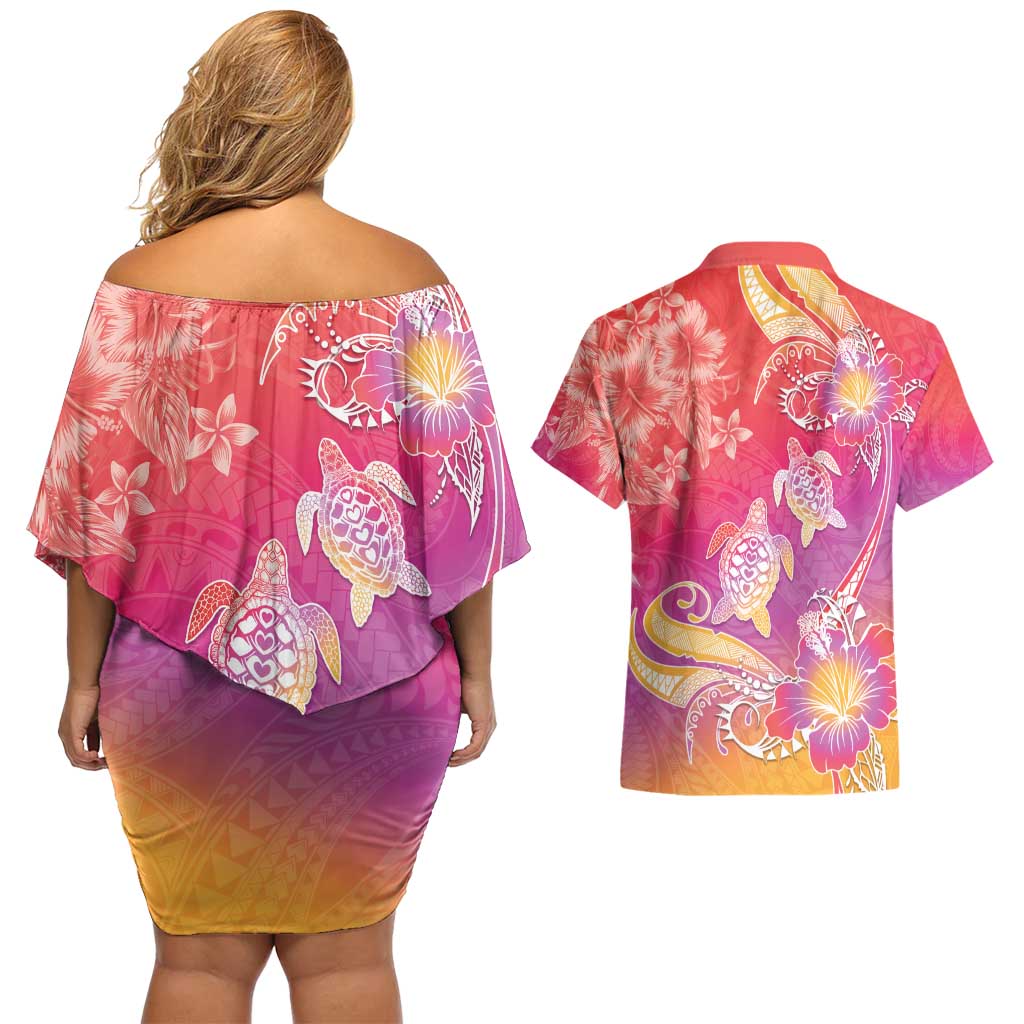 Polynesia Sea Turtle Couple Couples Matching Off Shoulder Short Dress and Hawaiian Shirt One Soul One Love LT05 - Polynesian Pride