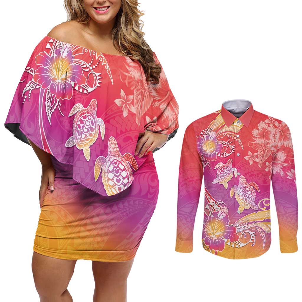 Polynesia Sea Turtle Couple Couples Matching Off Shoulder Short Dress and Long Sleeve Button Shirt One Soul One Love LT05 Red - Polynesian Pride