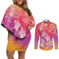 Polynesia Sea Turtle Couple Couples Matching Off Shoulder Short Dress and Long Sleeve Button Shirt One Soul One Love LT05 Red - Polynesian Pride