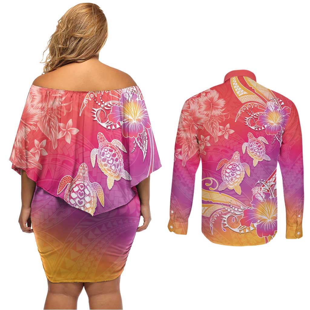 Polynesia Sea Turtle Couple Couples Matching Off Shoulder Short Dress and Long Sleeve Button Shirt One Soul One Love LT05 - Polynesian Pride