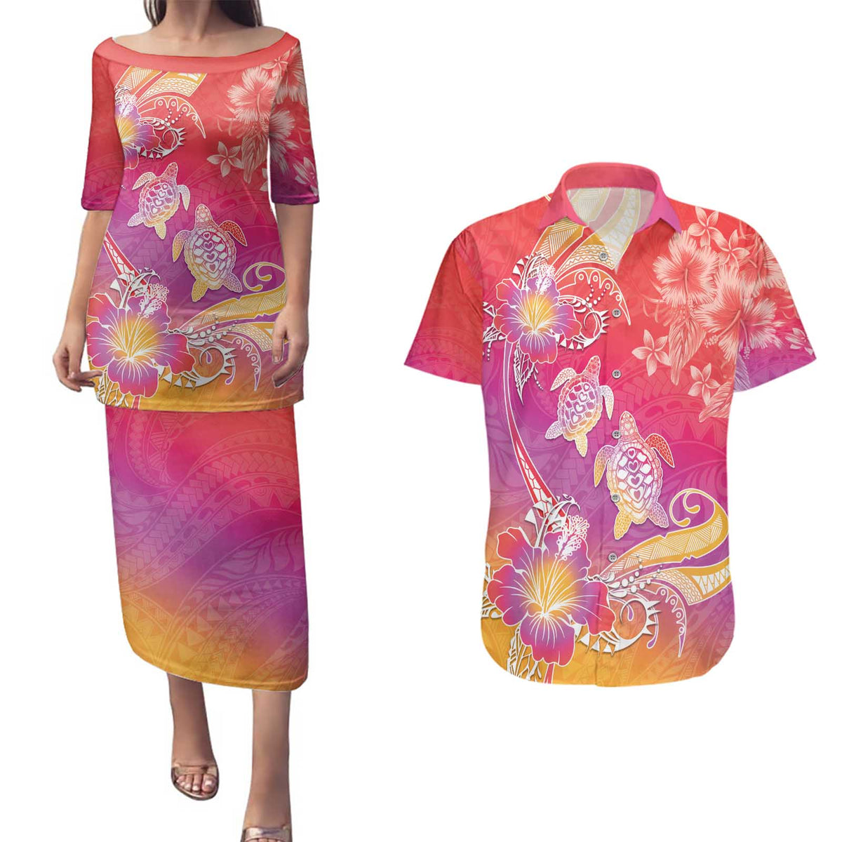 Polynesia Sea Turtle Couple Couples Matching Puletasi and Hawaiian Shirt One Soul One Love LT05 Red - Polynesian Pride