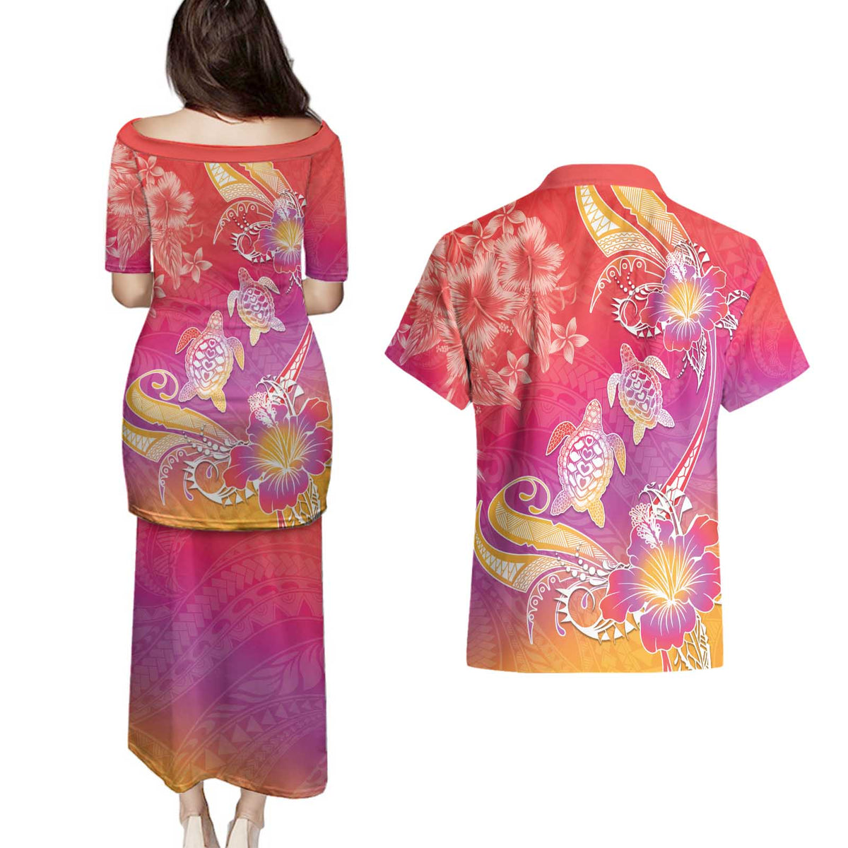 Polynesia Sea Turtle Couple Couples Matching Puletasi and Hawaiian Shirt One Soul One Love LT05 - Polynesian Pride