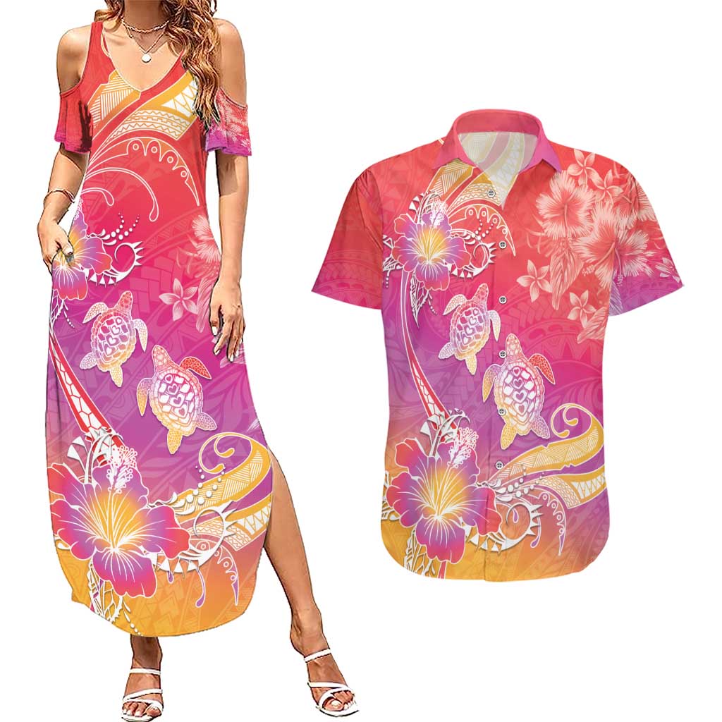 Polynesia Sea Turtle Couple Couples Matching Summer Maxi Dress and Hawaiian Shirt One Soul One Love LT05 Red - Polynesian Pride