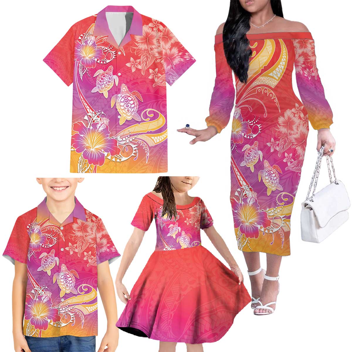 Polynesia Sea Turtle Couple Family Matching Off The Shoulder Long Sleeve Dress and Hawaiian Shirt One Soul One Love