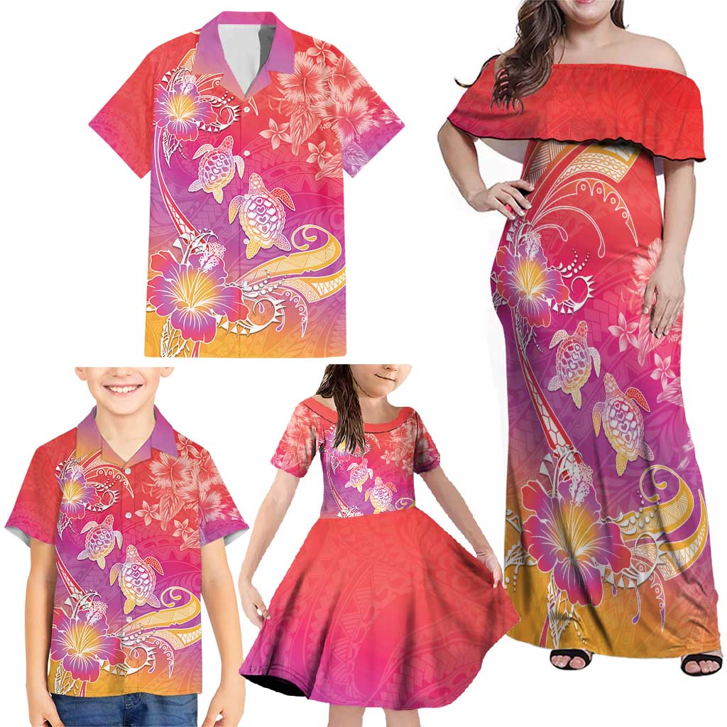 Polynesia Sea Turtle Couple Family Matching Off Shoulder Maxi Dress and Hawaiian Shirt One Soul One Love