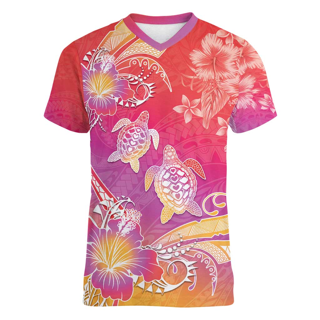Polynesia Sea Turtle Couple Women V-Neck T-Shirt One Soul One Love LT05 Female Red - Polynesian Pride