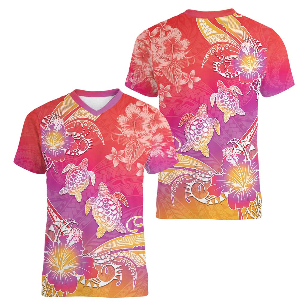 Polynesia Sea Turtle Couple Women V-Neck T-Shirt One Soul One Love LT05 - Polynesian Pride
