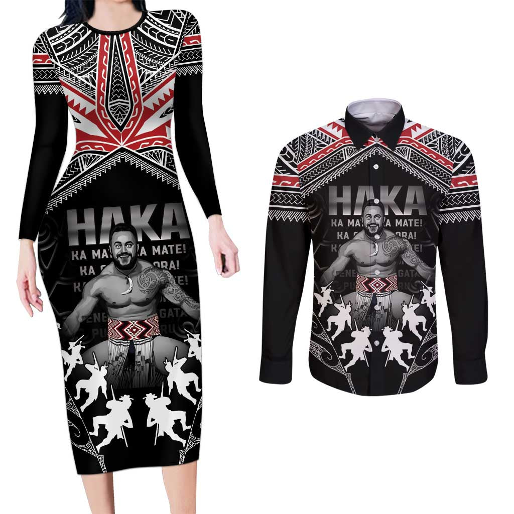 New Zealand Aotearoa Couples Matching Long Sleeve Bodycon Dress and Long Sleeve Button Shirt Traditional Kapa Haka