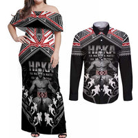 New Zealand Aotearoa Couples Matching Off Shoulder Maxi Dress and Long Sleeve Button Shirt Traditional Kapa Haka