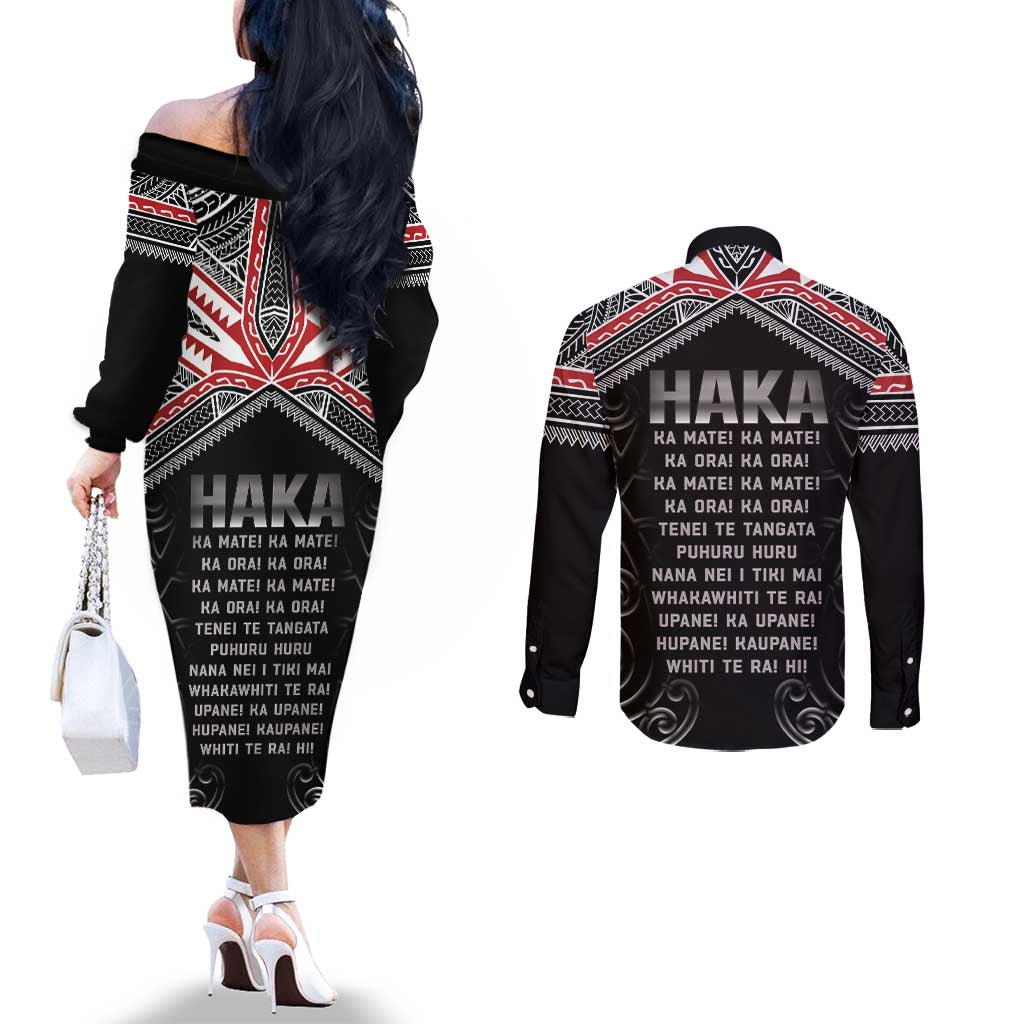 New Zealand Aotearoa Couples Matching Off The Shoulder Long Sleeve Dress and Long Sleeve Button Shirt Traditional Kapa Haka