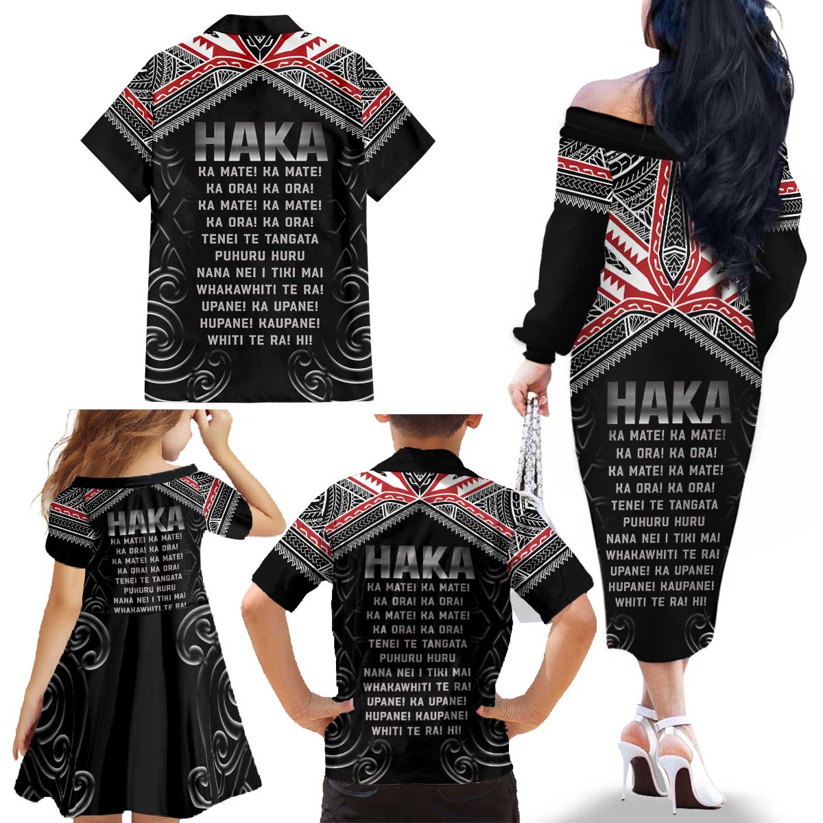 New Zealand Aotearoa Family Matching Off The Shoulder Long Sleeve Dress and Hawaiian Shirt Traditional Kapa Haka