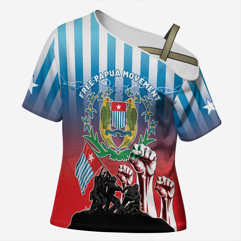 Personalised Free West Papua Cross Shoulder Shirt One People One Soul Unique Style LT05 Female Blue - Polynesian Pride