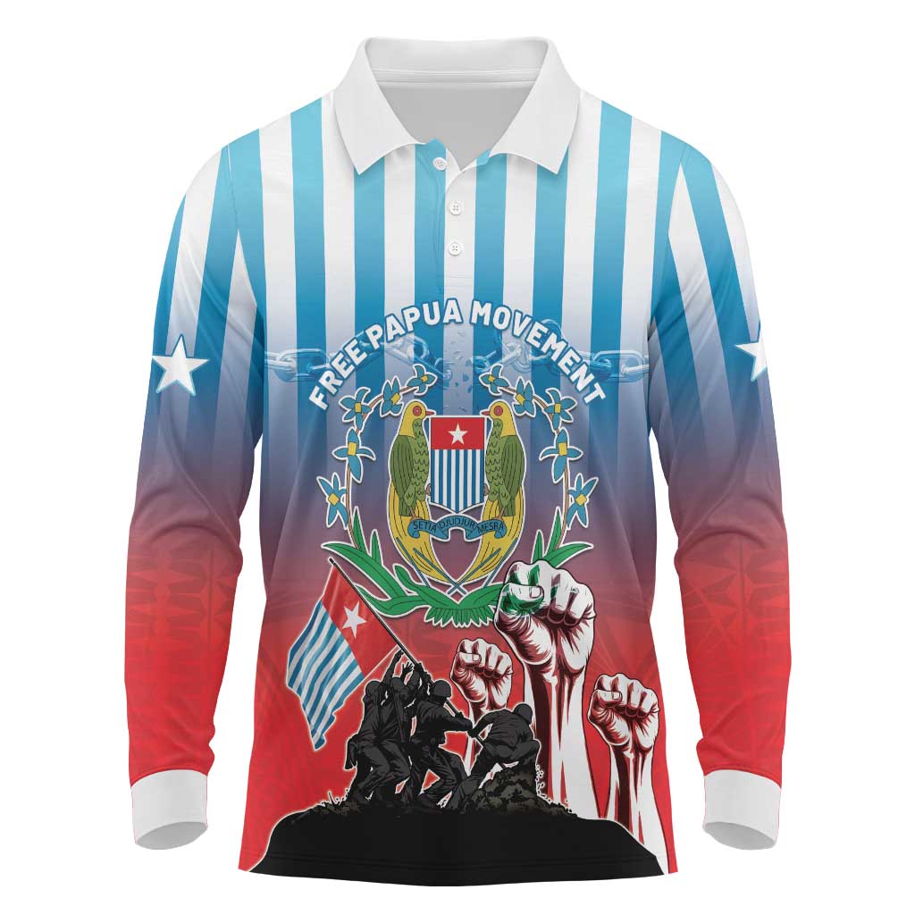 Personalised Free West Papua Long Sleeve Polo Shirt One People One Soul Unique Style LT05 Blue - Polynesian Pride