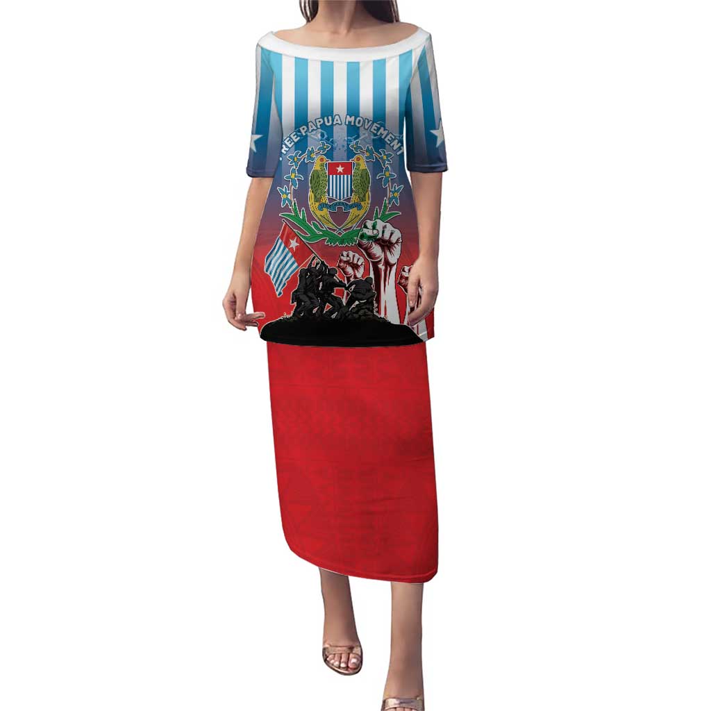 Personalised Free West Papua Puletasi One People One Soul Unique Style LT05 Long Dress Blue - Polynesian Pride