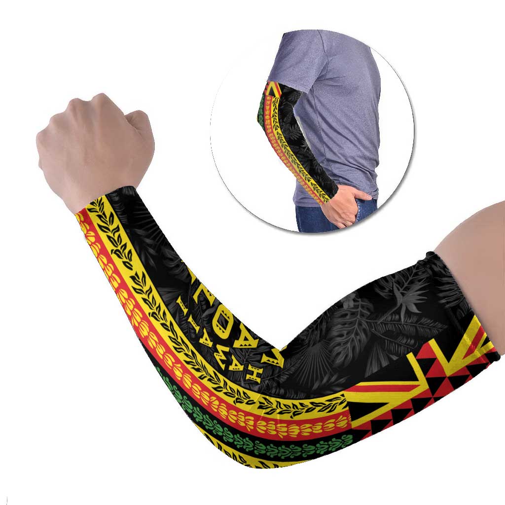 Hawaii Maoli Spirit Arm Sleeves Kakau Pattern With Flower Lei LT05 Set of 2 Black - Polynesian Pride