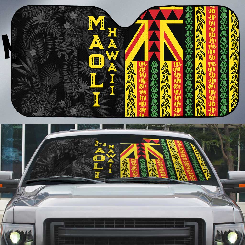 Hawaii Maoli Spirit Auto Sun Shade Kakau Pattern With Flower Lei LT05 Black - Polynesian Pride