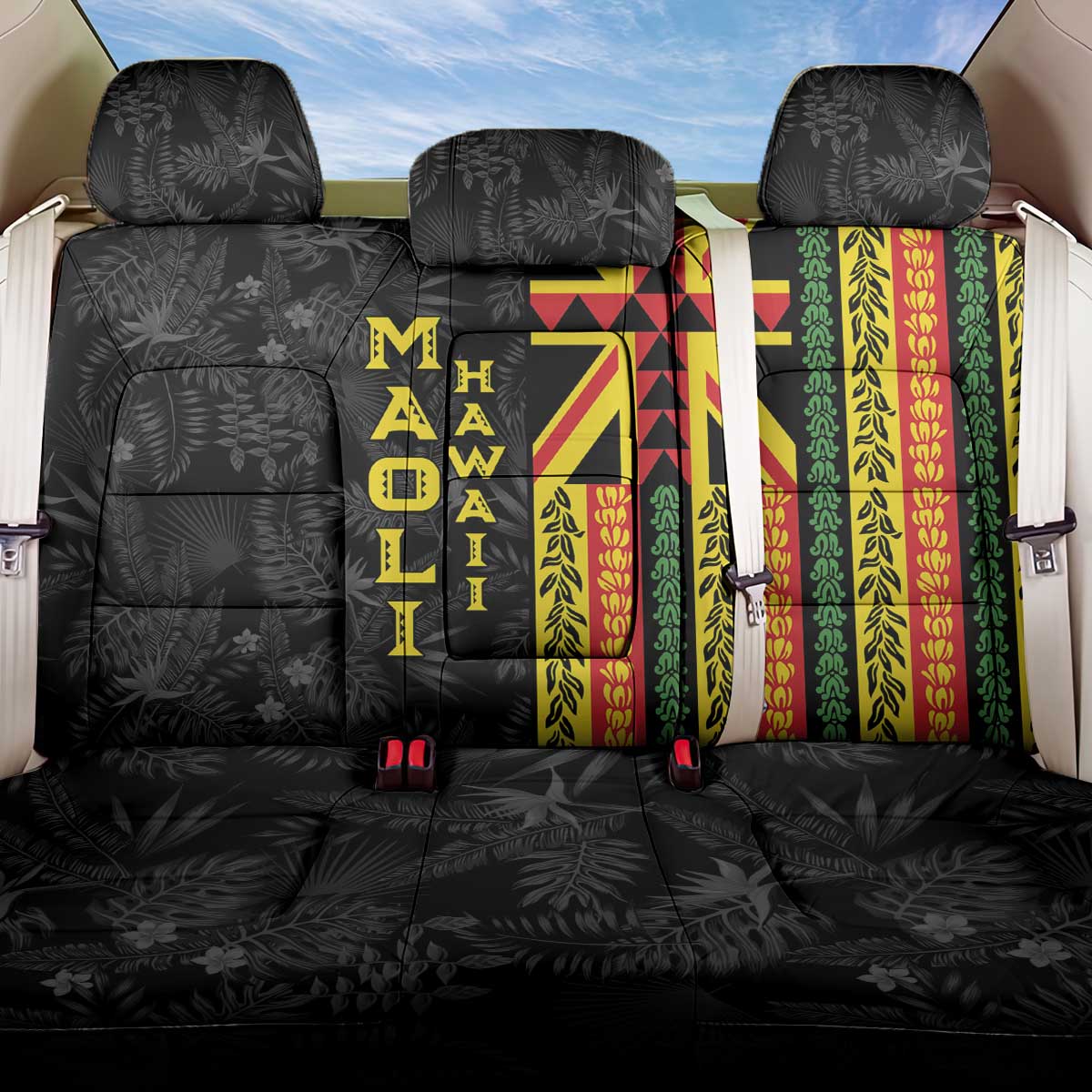 Hawaii Maoli Spirit Back Car Seat Cover Kakau Pattern With Flower Lei LT05 One Size Black - Polynesian Pride