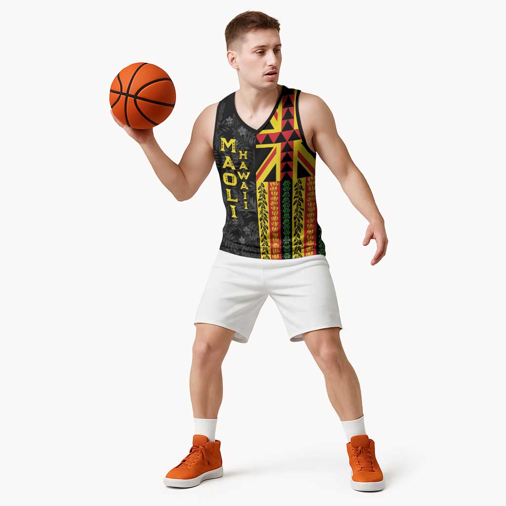Hawaii Maoli Spirit Basketball Jersey Kakau Pattern With Flower Lei - Polynesian Pride