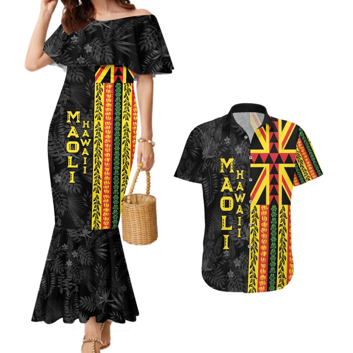 Hawaii Maoli Spirit Couples Matching Mermaid Dress and Hawaiian Shirt Kakau Pattern With Flower Lei - Polynesian Pride