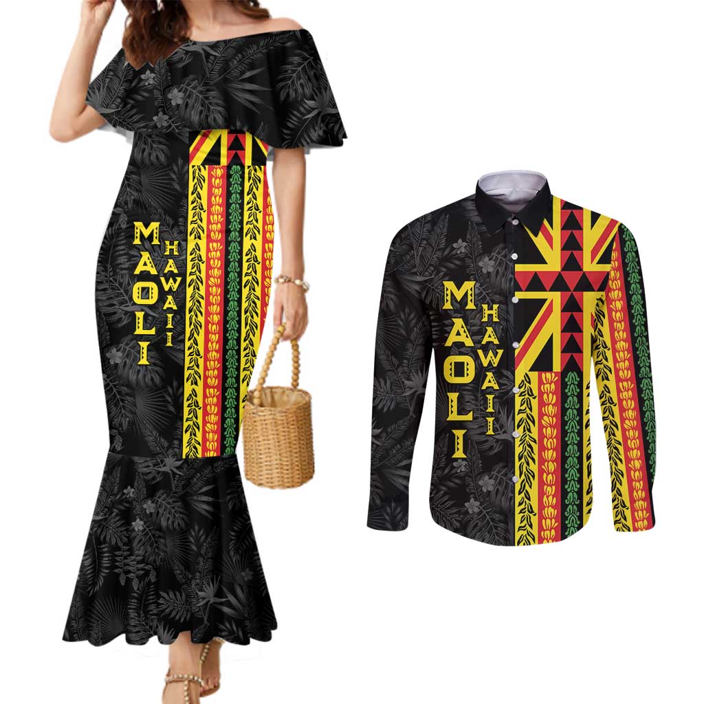 Hawaii Maoli Spirit Couples Matching Mermaid Dress and Long Sleeve Button Shirt Kakau Pattern With Flower Lei - Polynesian Pride