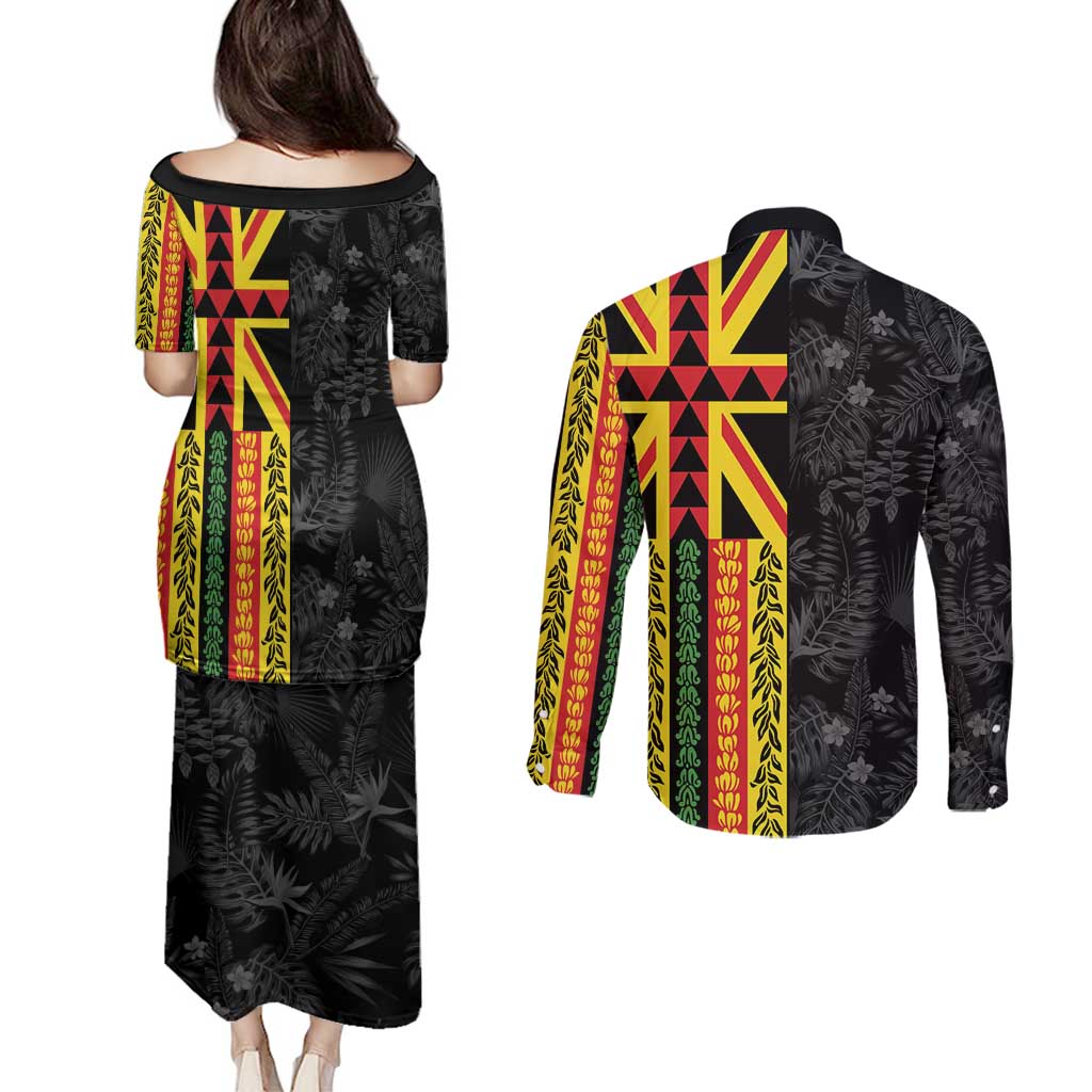 Hawaii Maoli Spirit Couples Matching Puletasi and Long Sleeve Button Shirt Kakau Pattern With Flower Lei LT05 - Polynesian Pride