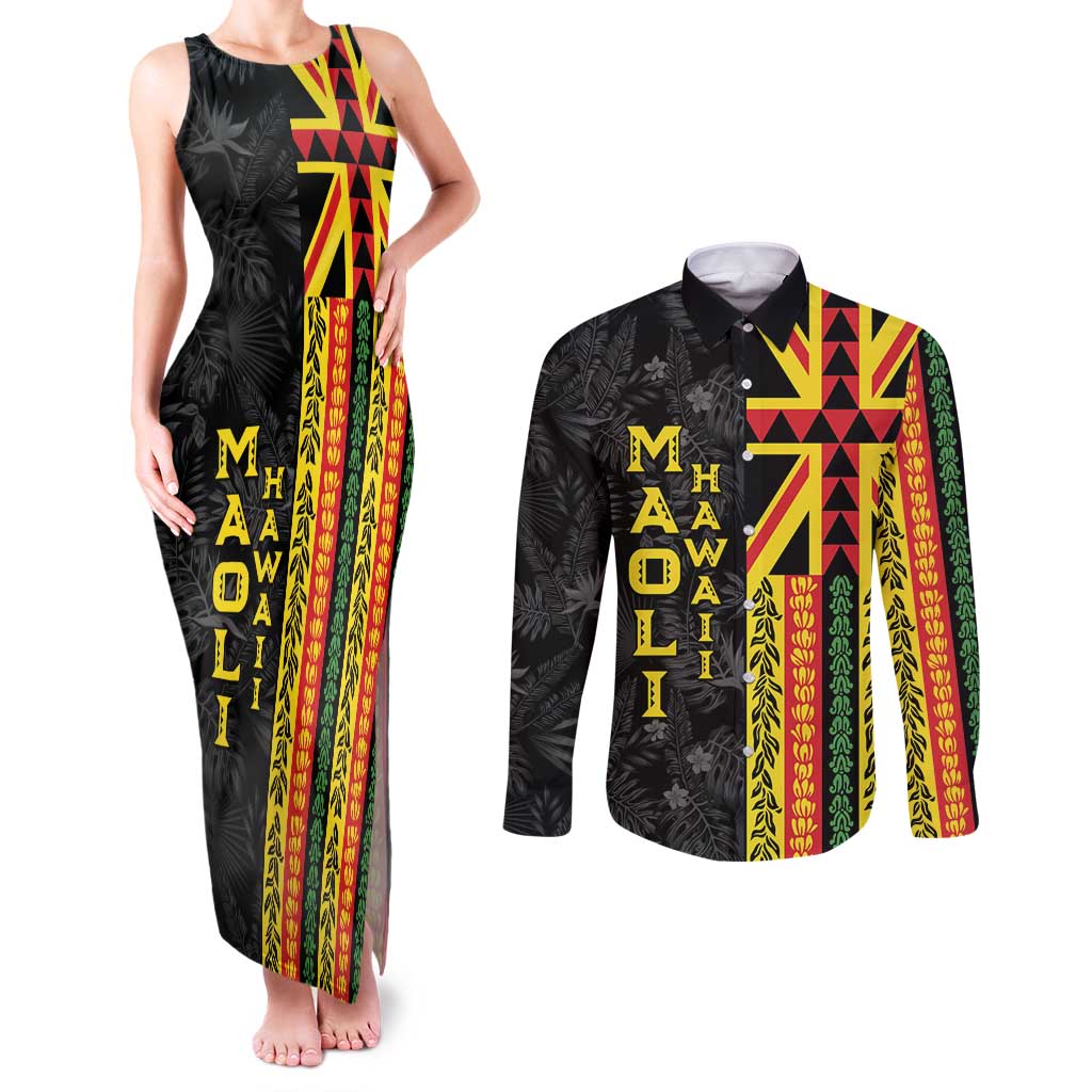 Hawaii Maoli Spirit Couples Matching Tank Maxi Dress and Long Sleeve Button Shirt Kakau Pattern With Flower Lei LT05 Black - Polynesian Pride