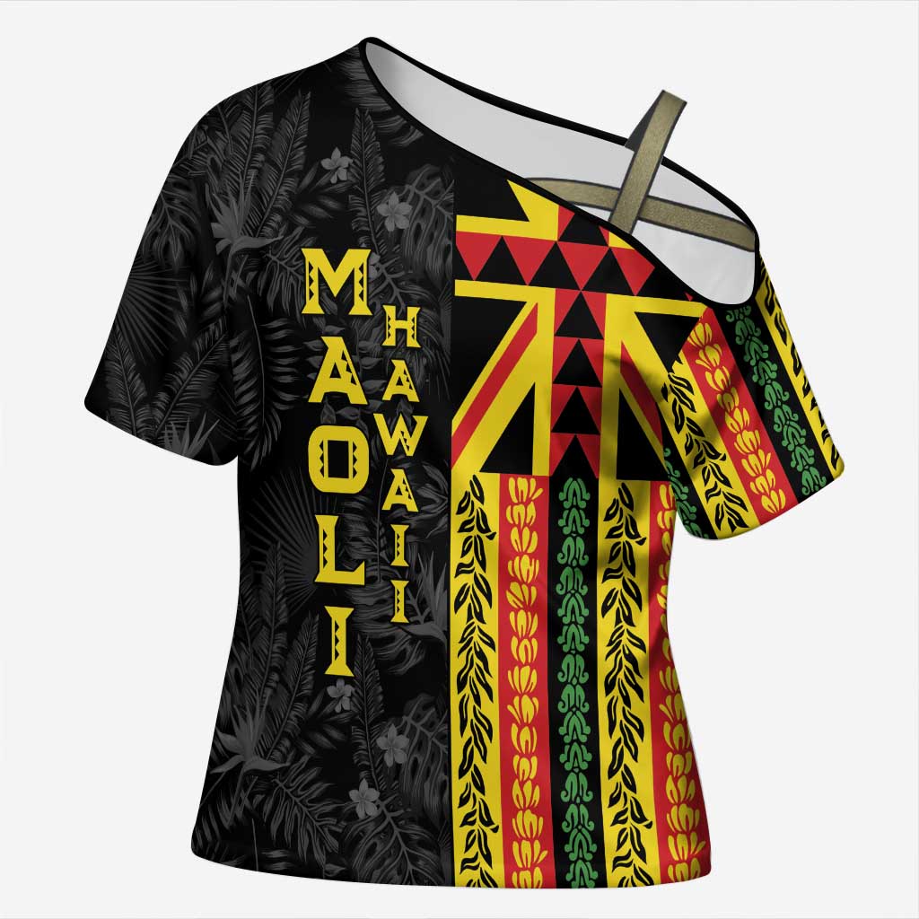 Hawaii Maoli Spirit Cross Shoulder Shirt Kakau Pattern With Flower Lei LT05 Female Black - Polynesian Pride