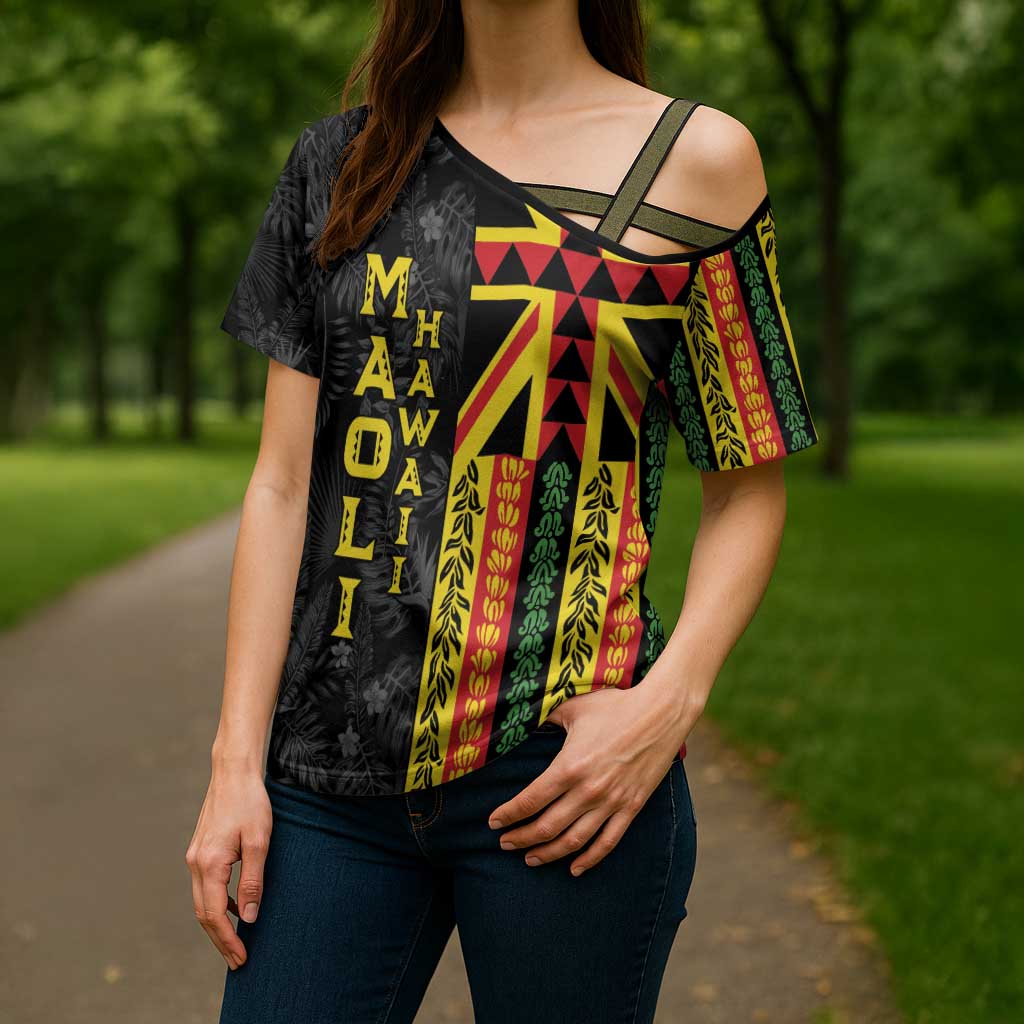 Hawaii Maoli Spirit Cross Shoulder Shirt Kakau Pattern With Flower Lei LT05 - Polynesian Pride