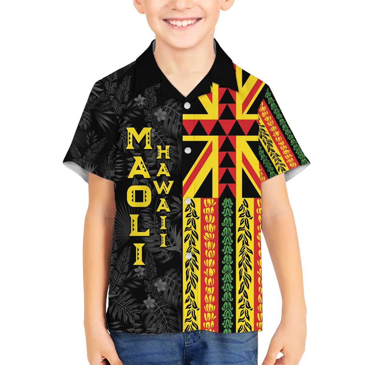 Hawaii Maoli Spirit Family Matching Off The Shoulder Long Sleeve Dress and Hawaiian Shirt Kakau Pattern With Flower Lei - Polynesian Pride