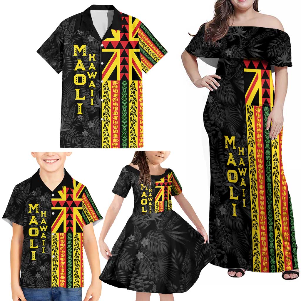 Hawaii Maoli Spirit Family Matching Off Shoulder Maxi Dress and Hawaiian Shirt Kakau Pattern With Flower Lei - Polynesian Pride