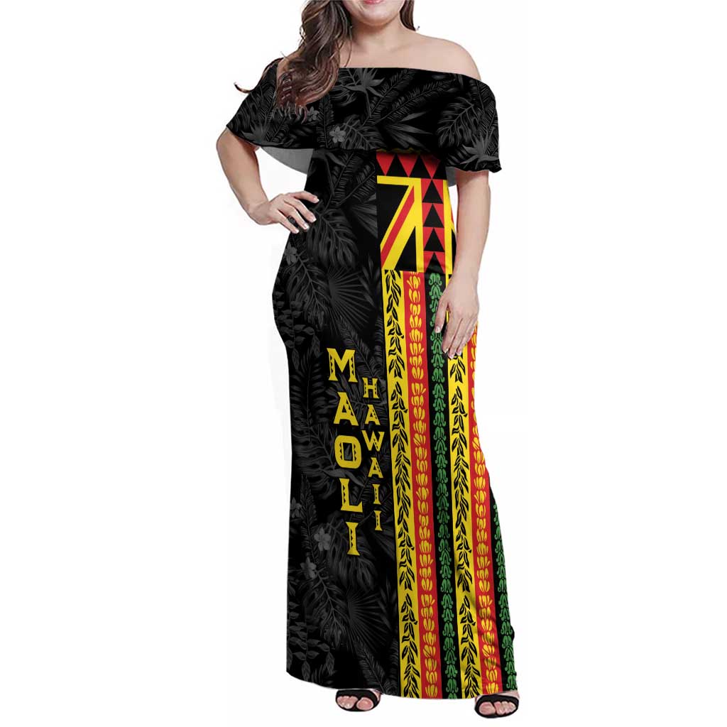 Hawaii Maoli Spirit Family Matching Off Shoulder Maxi Dress and Hawaiian Shirt Kakau Pattern With Flower Lei - Polynesian Pride