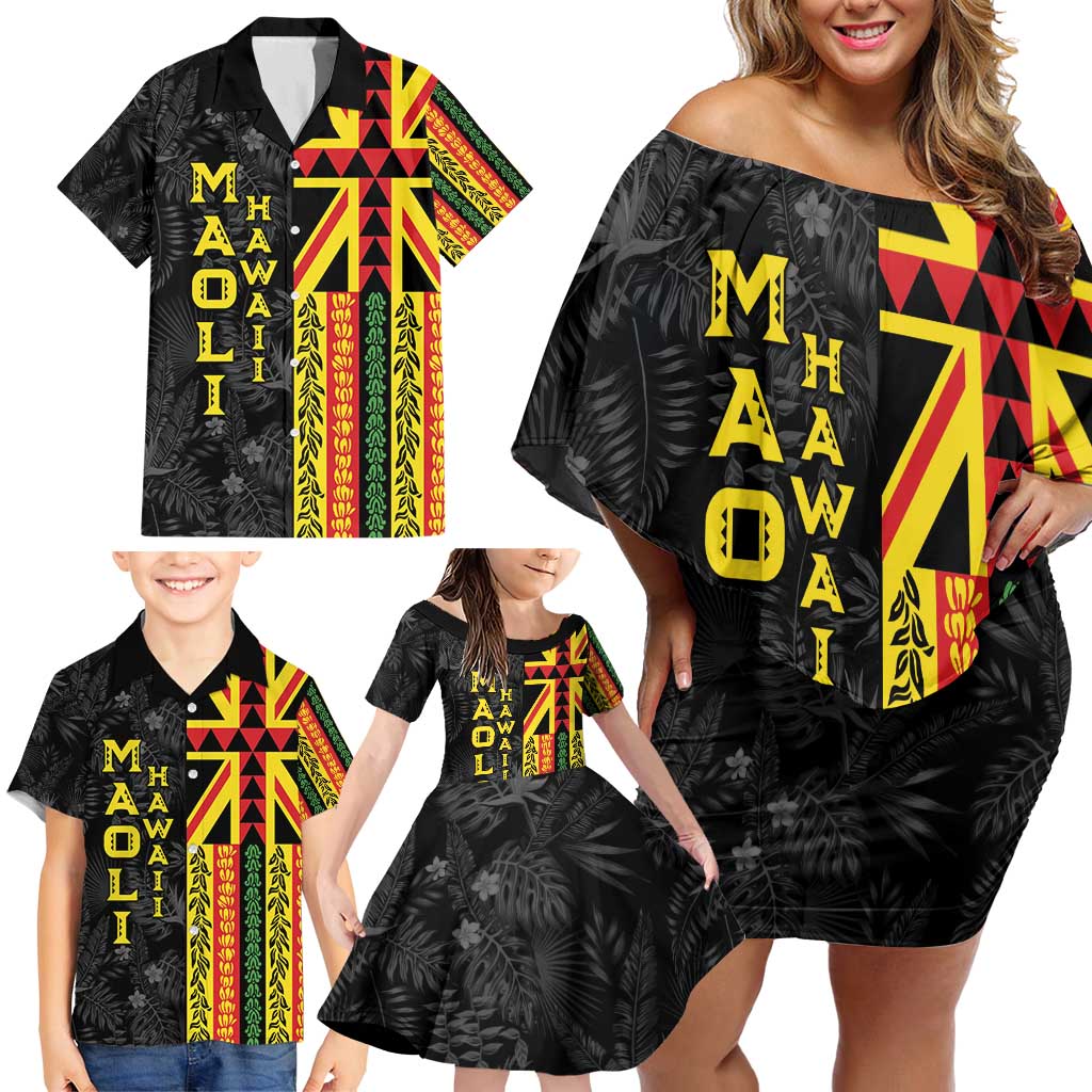 Hawaii Maoli Spirit Family Matching Off Shoulder Short Dress and Hawaiian Shirt Kakau Pattern With Flower Lei - Polynesian Pride
