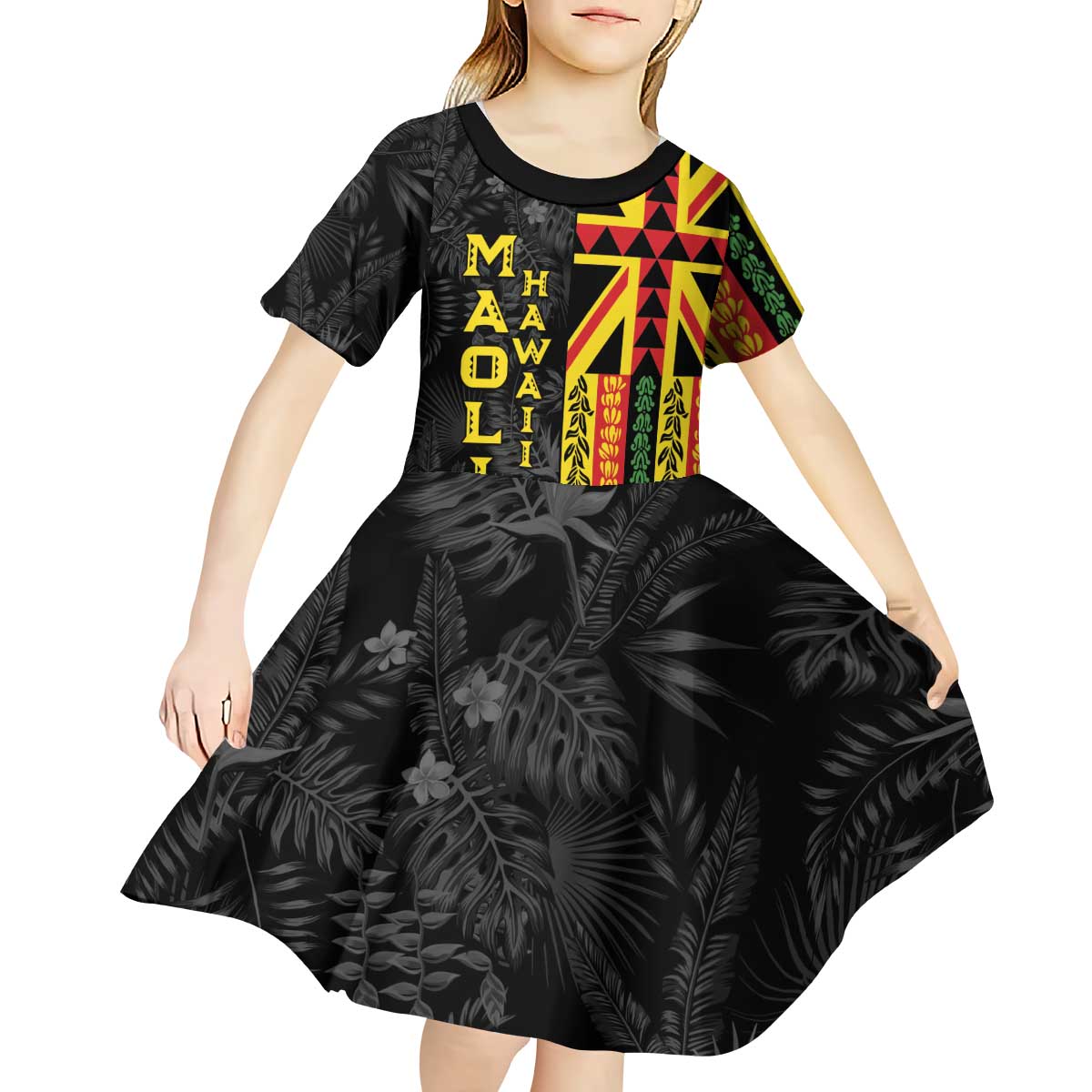 Hawaii Maoli Spirit Kid Short Sleeve Dress Kakau Pattern With Flower Lei - Polynesian Pride