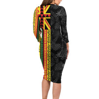 Hawaii Maoli Spirit Long Sleeve Bodycon Dress Kakau Pattern With Flower Lei - Polynesian Pride