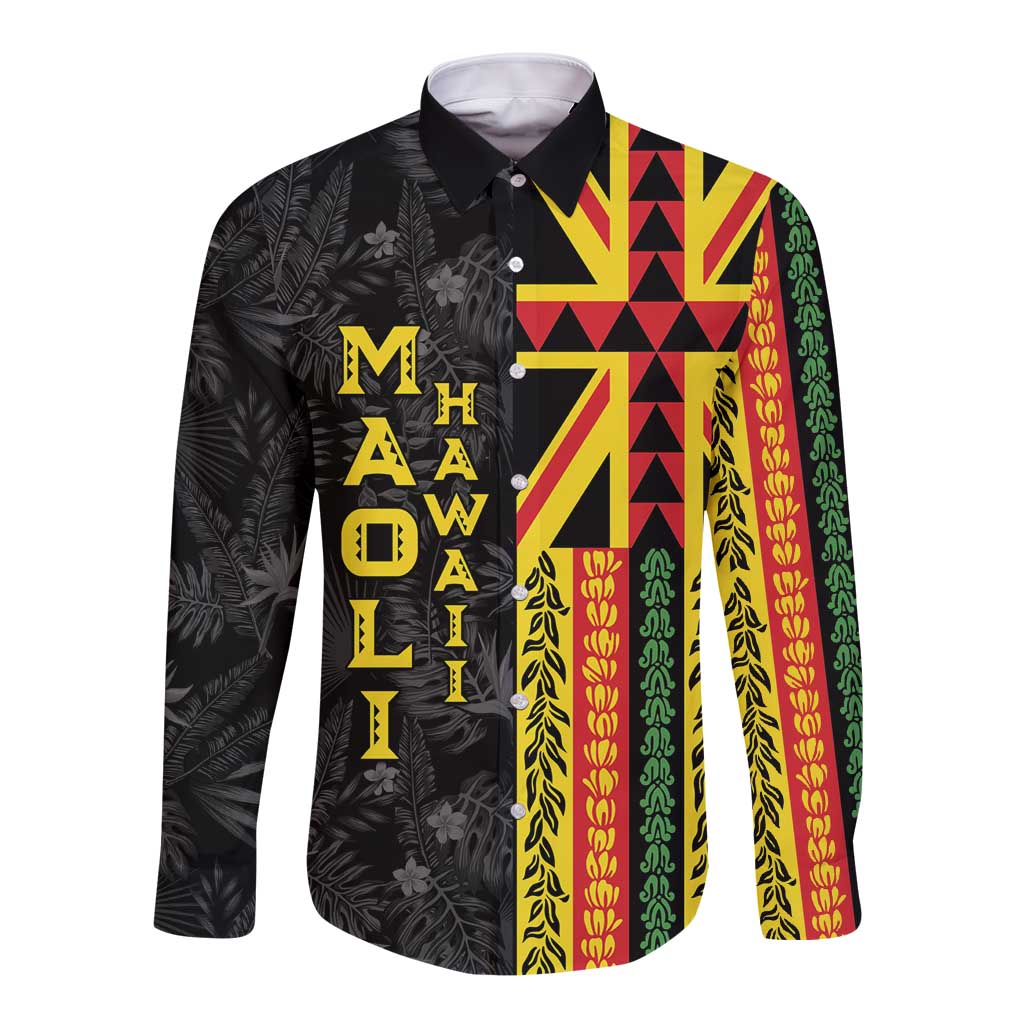 Hawaii Maoli Spirit Long Sleeve Button Shirt Kakau Pattern With Flower Lei LT05 Unisex Black - Polynesian Pride