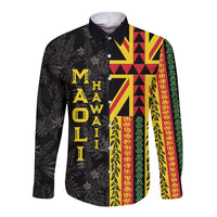Hawaii Maoli Spirit Long Sleeve Button Shirt Kakau Pattern With Flower Lei LT05 Unisex Black - Polynesian Pride