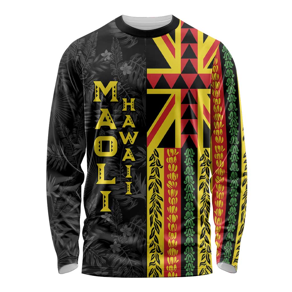 Hawaii Maoli Spirit Long Sleeve Shirt Kakau Pattern With Flower Lei LT05 Unisex Black - Polynesian Pride