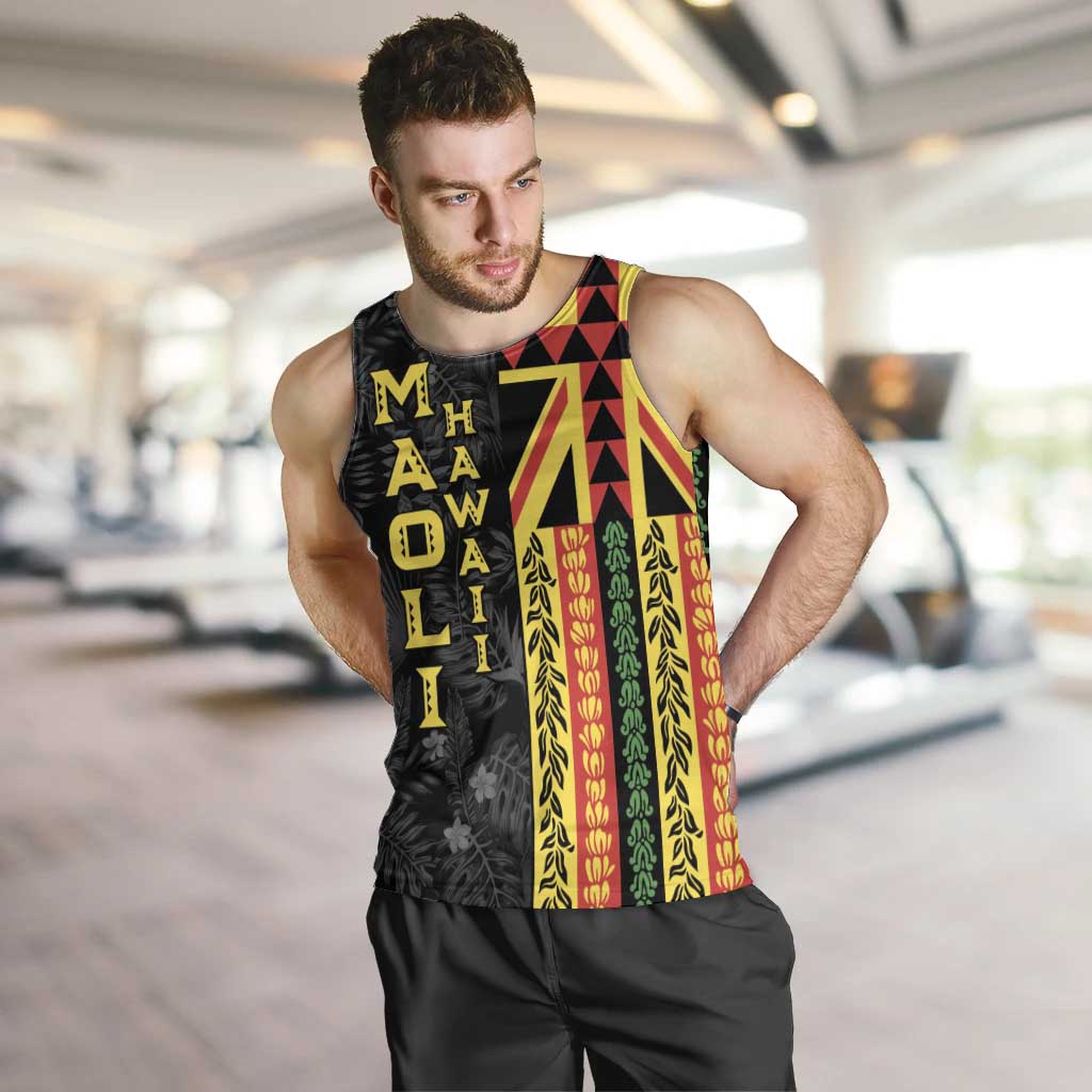 Hawaii Maoli Spirit Men Tank Top Kakau Pattern With Flower Lei - Polynesian Pride