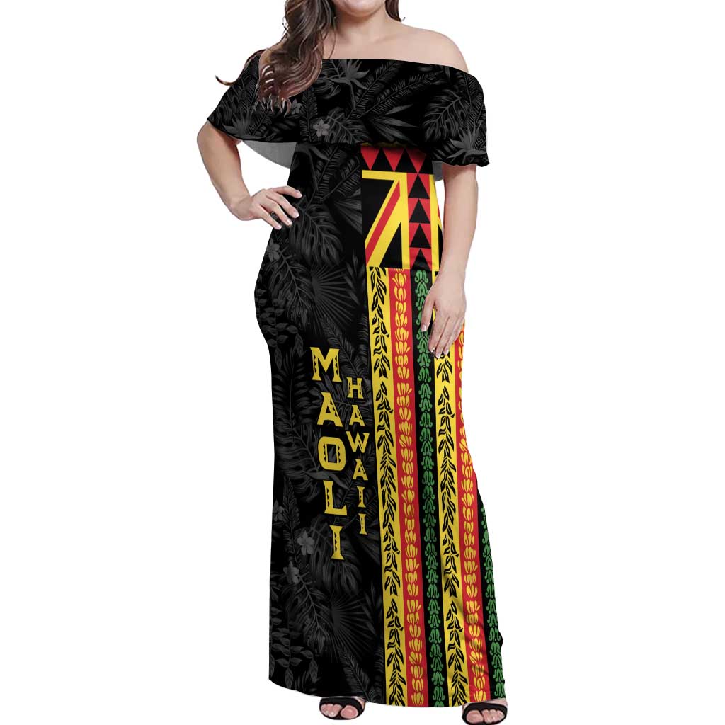 Hawaii Maoli Spirit Off Shoulder Maxi Dress Kakau Pattern With Flower Lei - Polynesian Pride