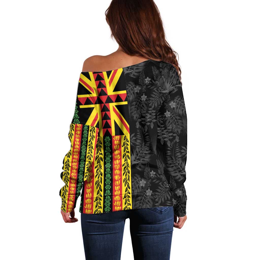 Hawaii Maoli Spirit Off Shoulder Sweater Kakau Pattern With Flower Lei - Polynesian Pride
