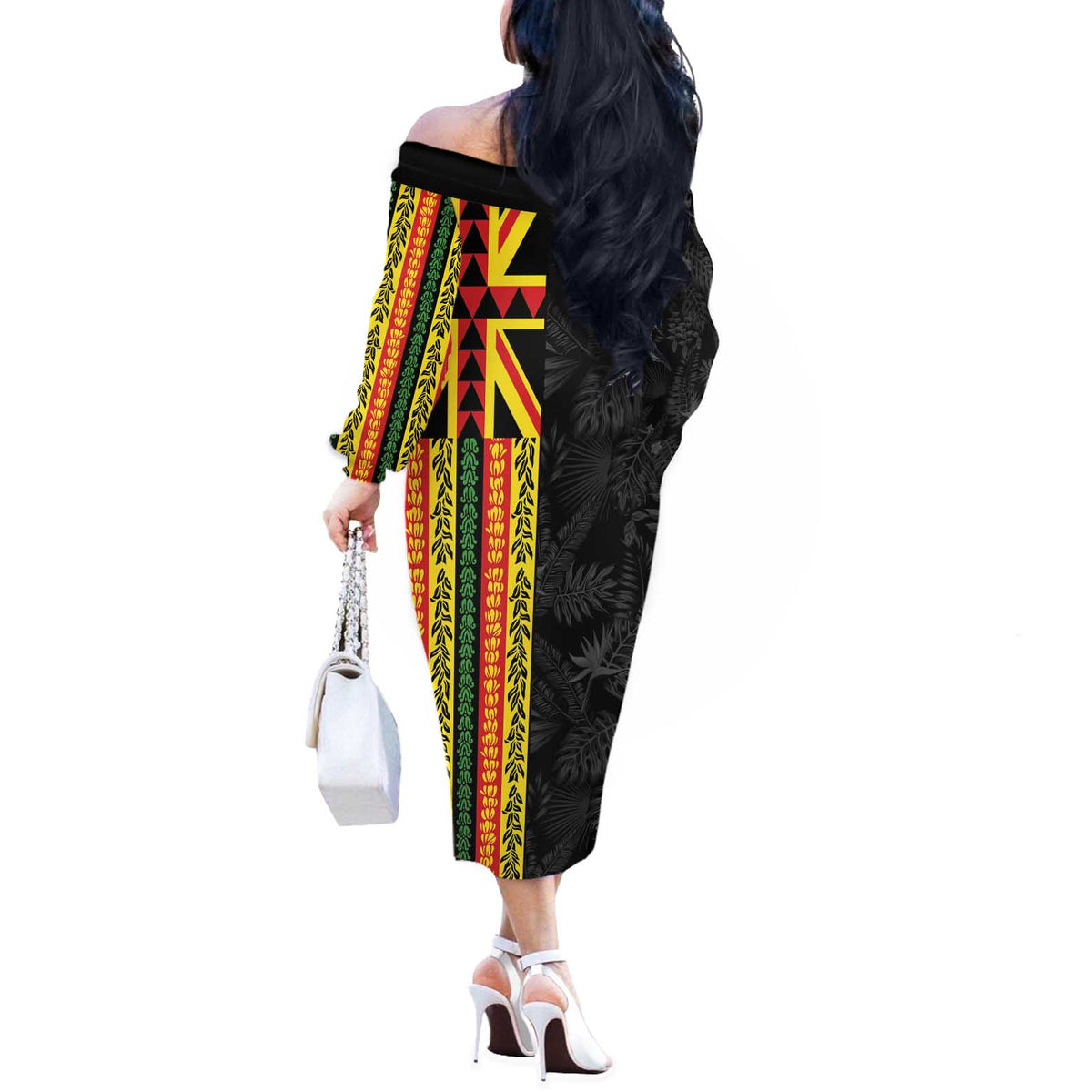 Hawaii Maoli Spirit Off The Shoulder Long Sleeve Dress Kakau Pattern With Flower Lei - Polynesian Pride
