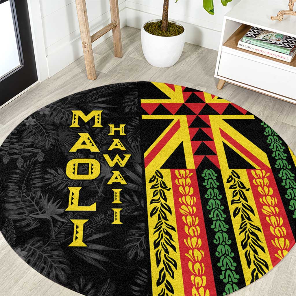 Hawaii Maoli Spirit Round Carpet Kakau Pattern With Flower Lei LT05 Black - Polynesian Pride