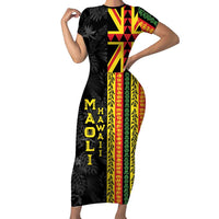 Hawaii Maoli Spirit Short Sleeve Bodycon Dress Kakau Pattern With Flower Lei - Polynesian Pride