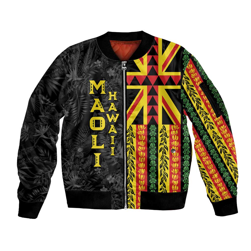Hawaii Maoli Spirit Sleeve Zip Bomber Jacket Kakau Pattern With Flower Lei - Polynesian Pride