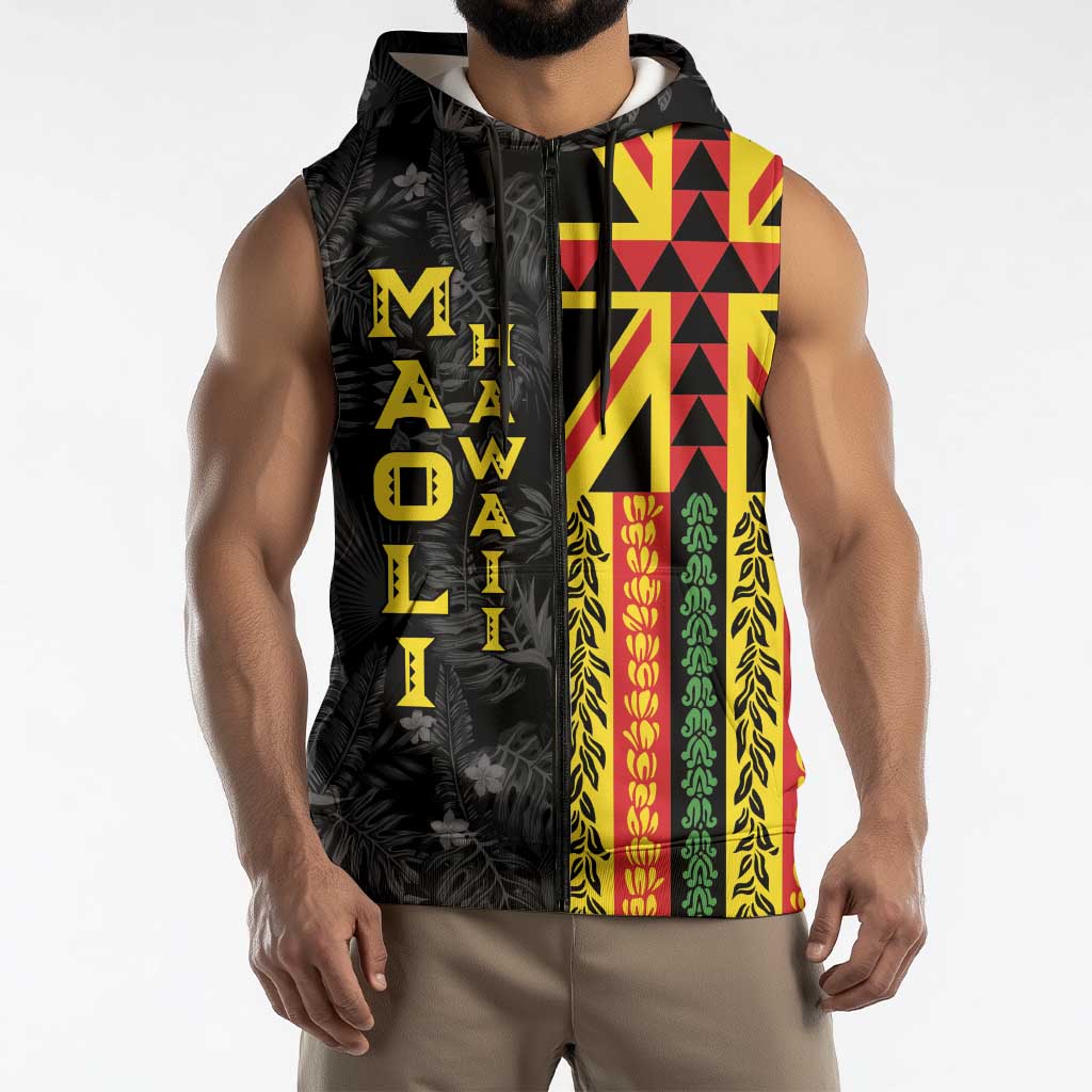 Hawaii Maoli Spirit Sleeveless Zip Hoodie Kakau Pattern With Flower Lei LT05 - Polynesian Pride