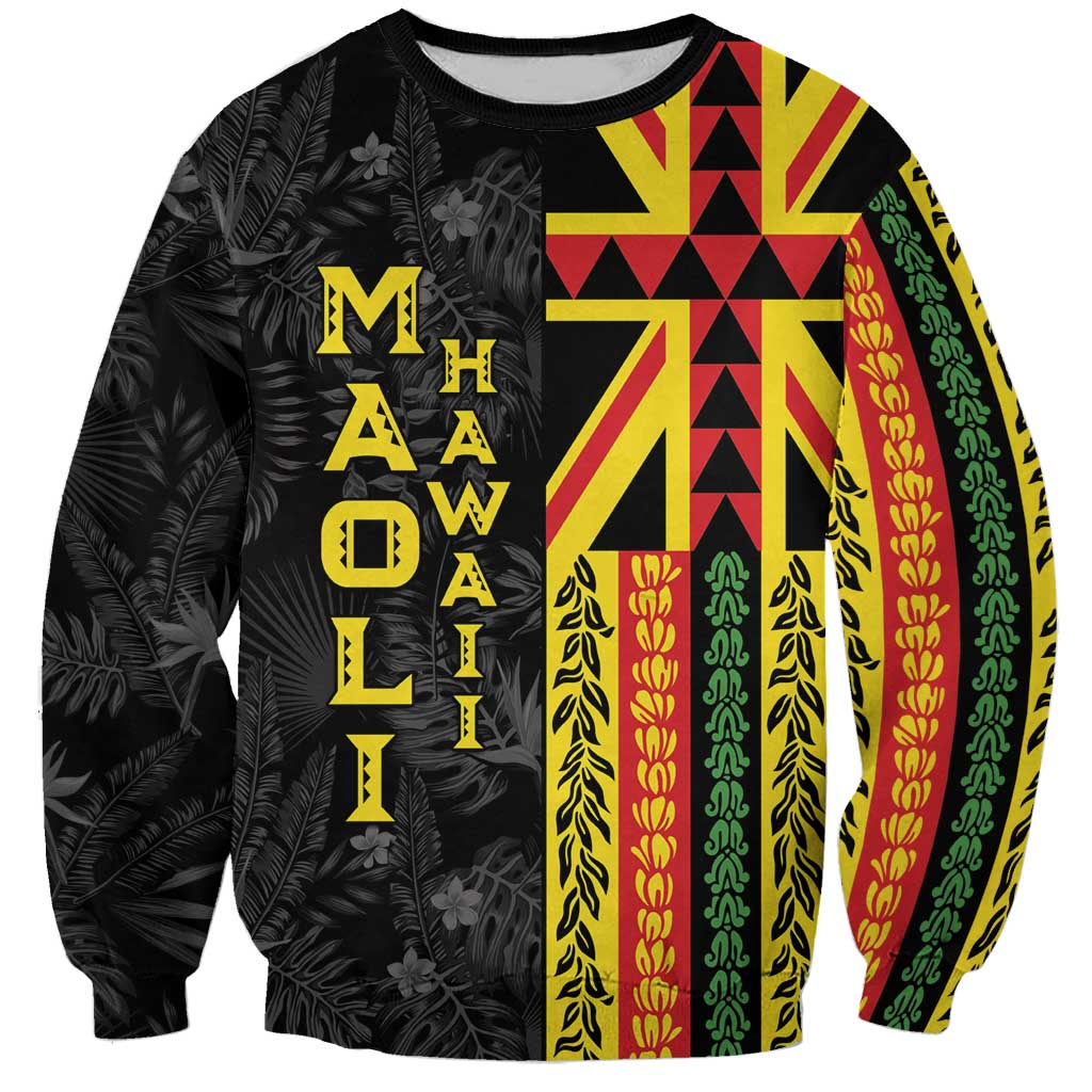 Hawaii Maoli Spirit Sweatshirt Kakau Pattern With Flower Lei LT05 Unisex Black - Polynesian Pride
