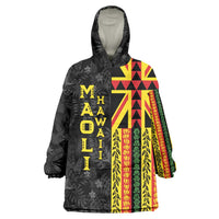 Hawaii Maoli Spirit Wearable Blanket Hoodie Kakau Pattern With Flower Lei LT05 One Size Black - Polynesian Pride