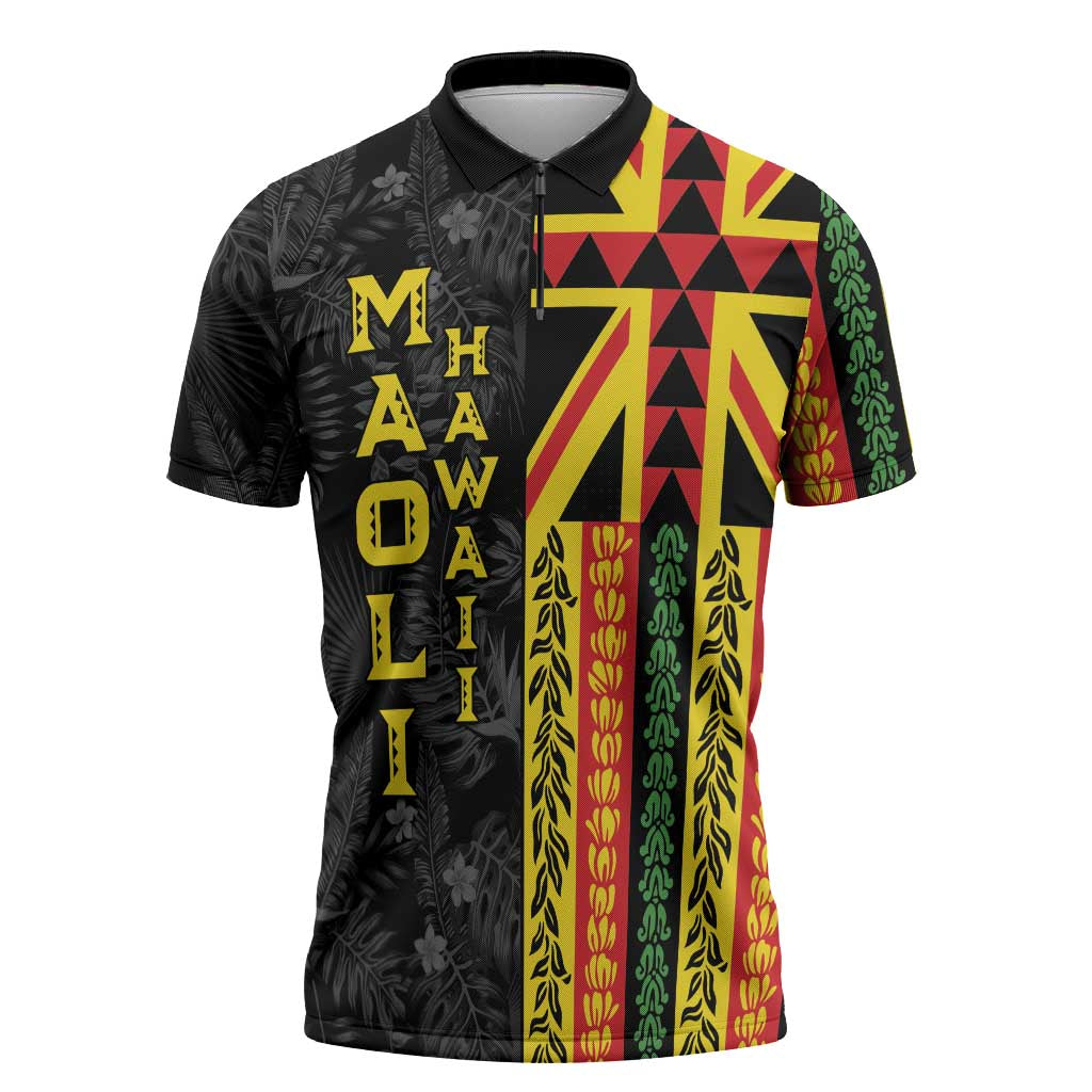 Hawaii Maoli Spirit Zipper Polo Shirt Kakau Pattern With Flower Lei - Polynesian Pride
