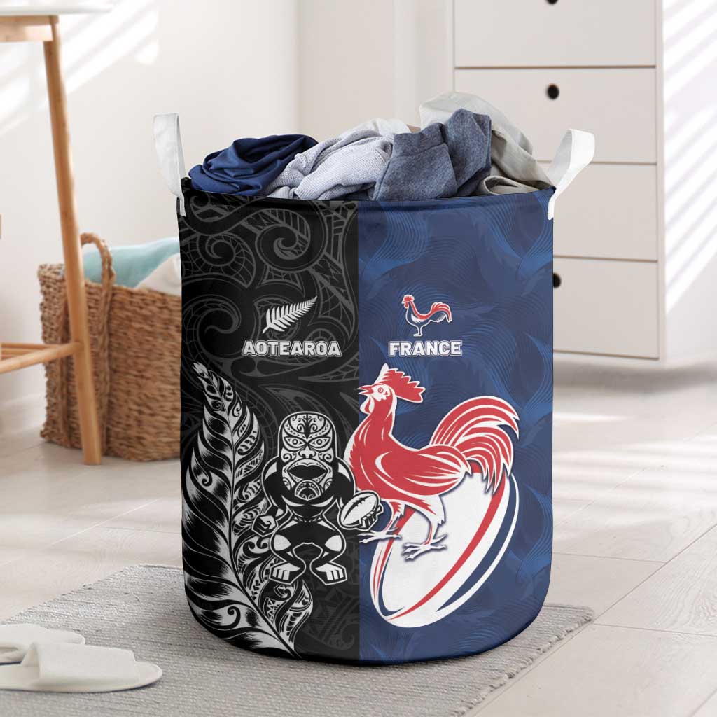 France And New Zealand Rugby Laundry Basket Les Bleus Rooster With Maori Tiki - Polynesian Pride