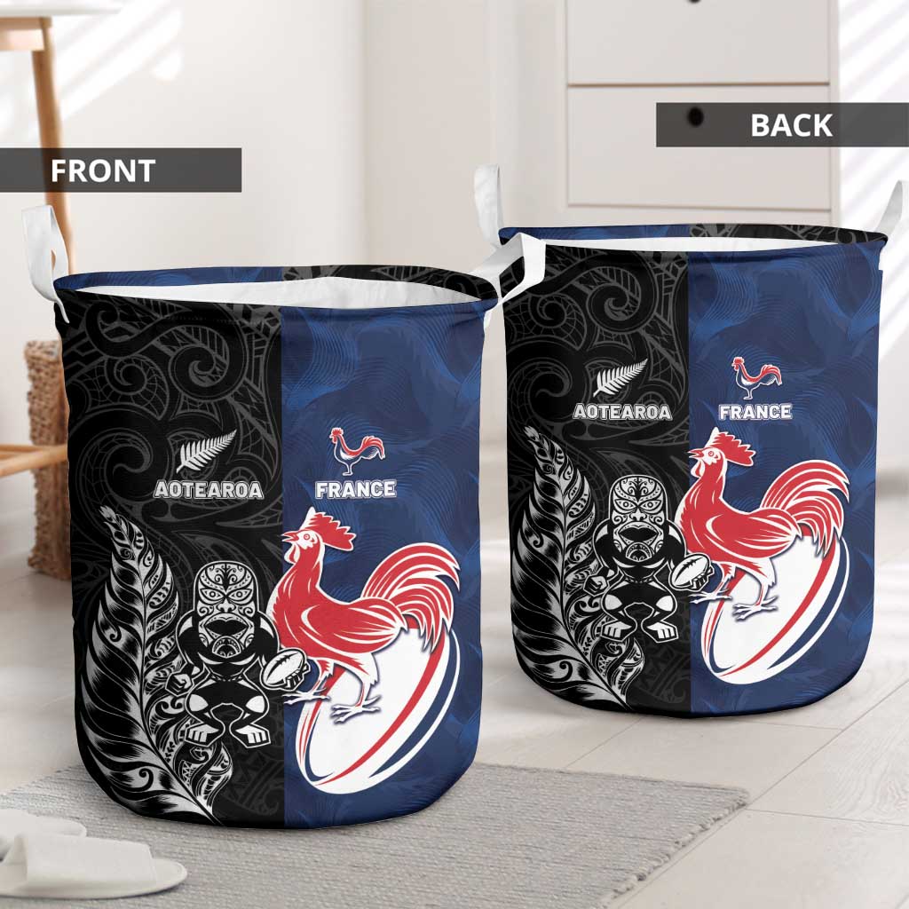 France And New Zealand Rugby Laundry Basket Les Bleus Rooster With Maori Tiki - Polynesian Pride